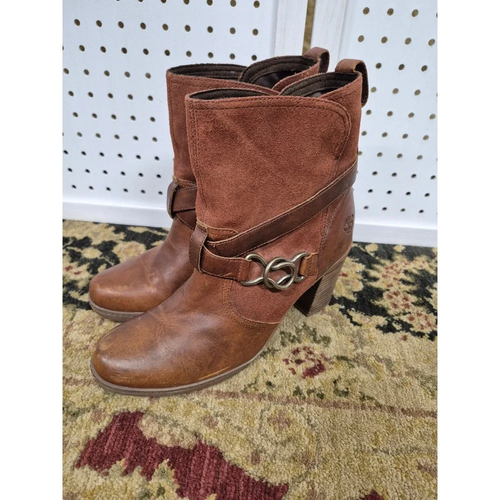 Timberland Dennett Brown Leather Suede Ankle Boots Block Heel Size 11